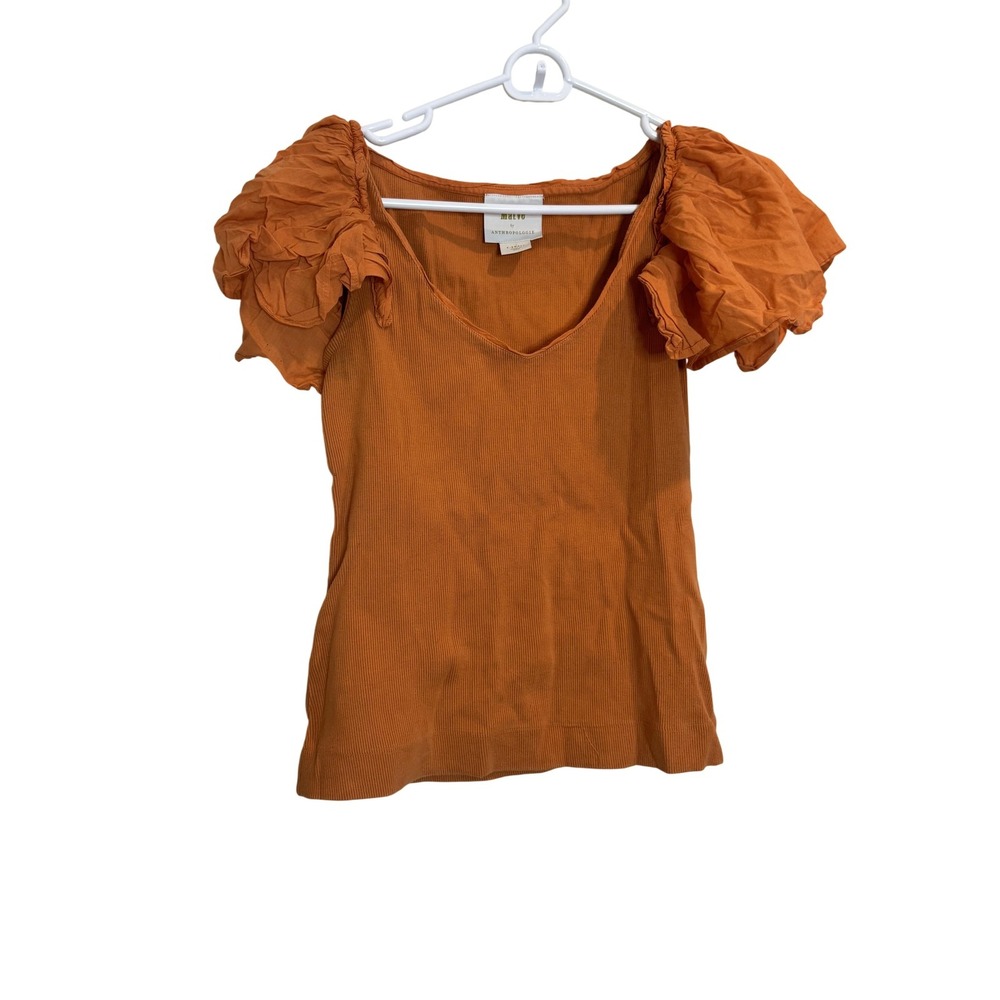 Maeve Anthropologie Shirt Womens XS Orange Puff Sleeve V‎ Neck Ribbed Blouse